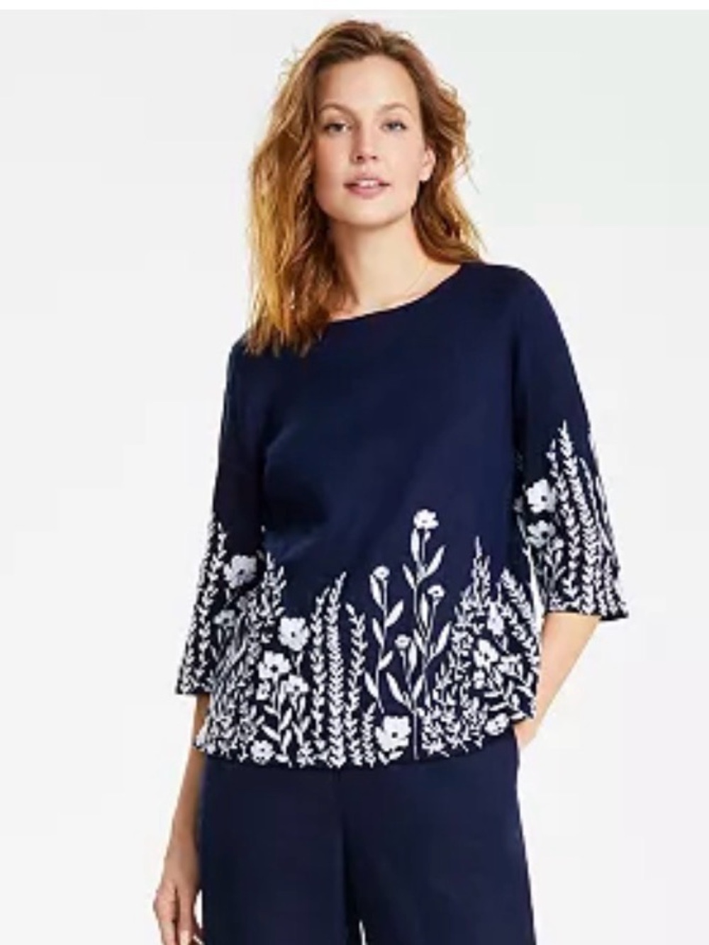 Charter Club Luxury 100% Linen Floral Embroidered Top 3x